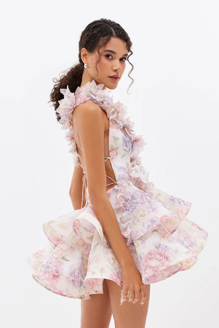 Isabella - Mini robe avec fleur 3D et volants en gaze