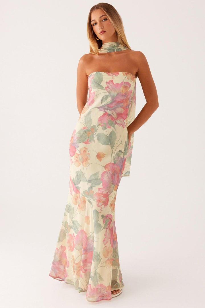 Camila - Robe longue sans bretelles en mousseline à imprimé floral