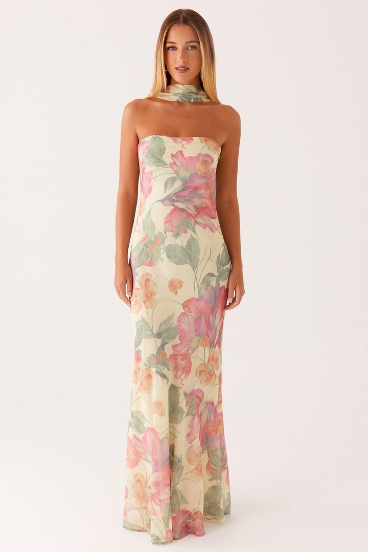 Camila - Robe longue sans bretelles en mousseline à imprimé floral