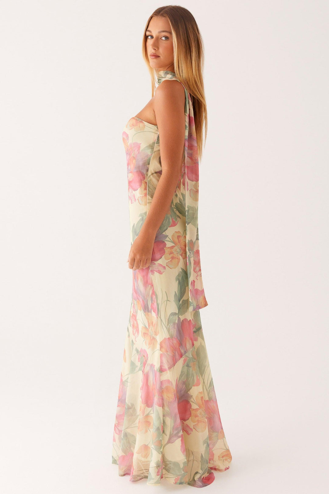 Camila - Robe longue sans bretelles en mousseline à imprimé floral