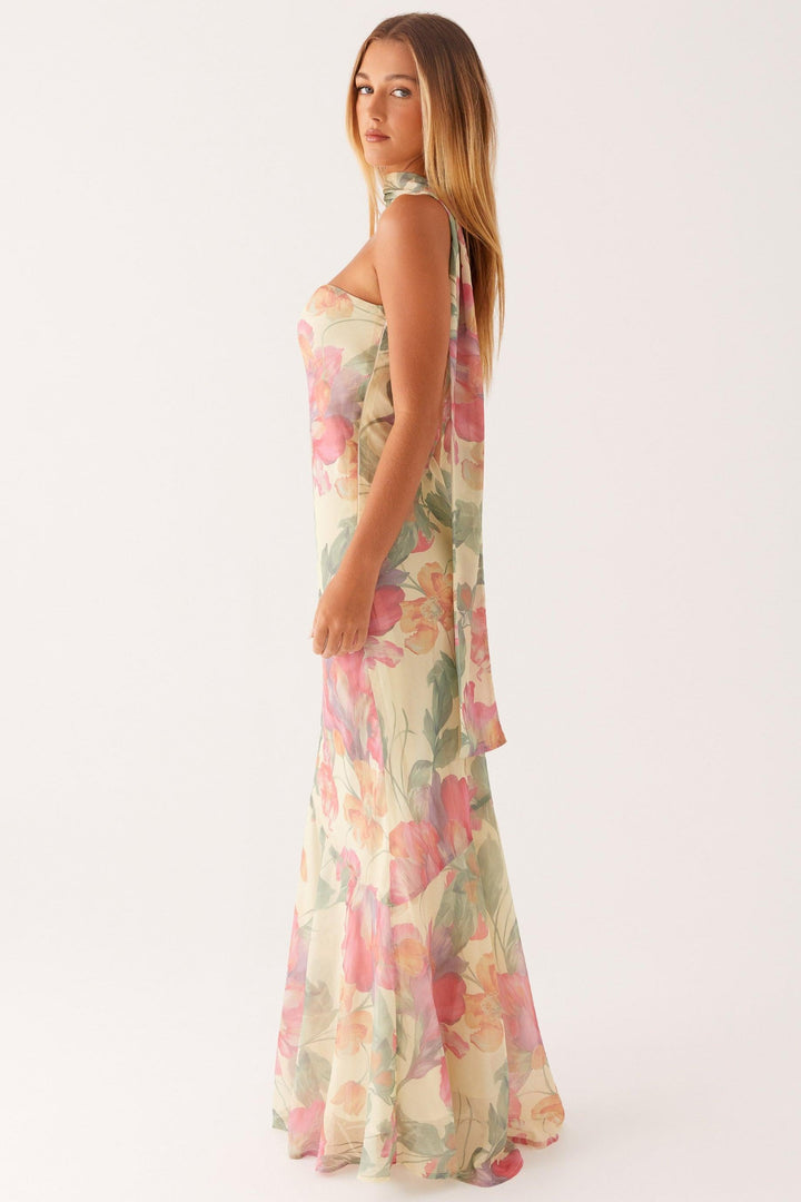 Camila - Robe longue sans bretelles en mousseline à imprimé floral