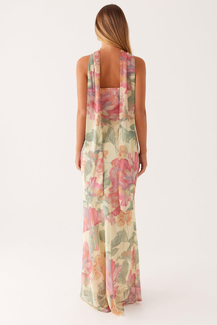 Camila - Robe longue sans bretelles en mousseline à imprimé floral