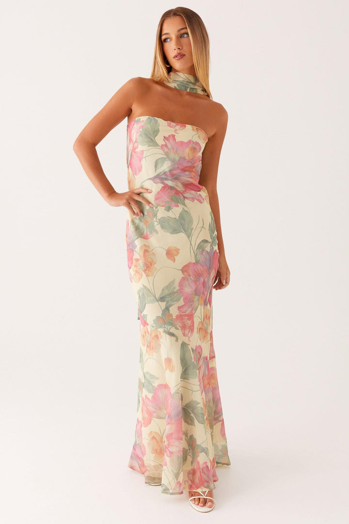 Camila - Robe longue sans bretelles en mousseline à imprimé floral