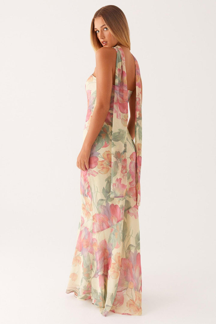 Camila - Robe longue sans bretelles en mousseline à imprimé floral
