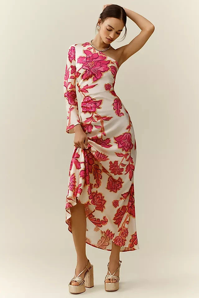 Valentina - Longue robe florale à épaule unique