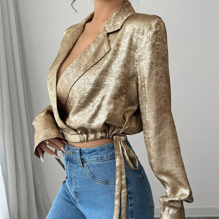 Chemisier en satin brillant à col chemise pour femme - Clara