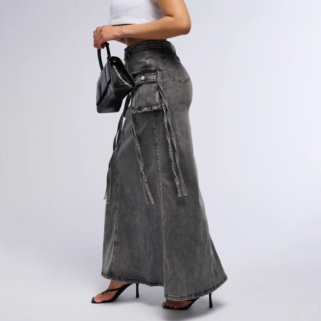 Jupe longue en denim pour femmes avec poches utilitaires style droit - Renata