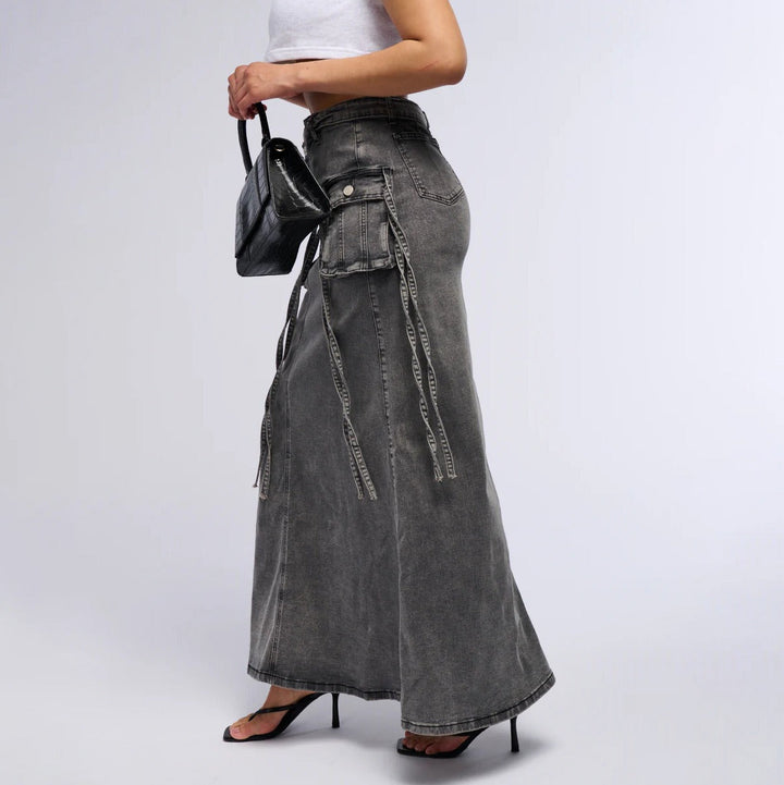 Jupe longue en denim pour femmes avec poches utilitaires style droit - Renata