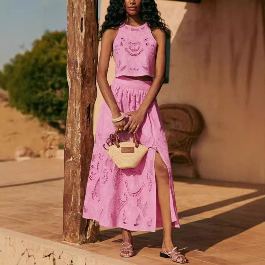 Ensemble deux pièces ajouré brodé pour femmes, style été - Zaria