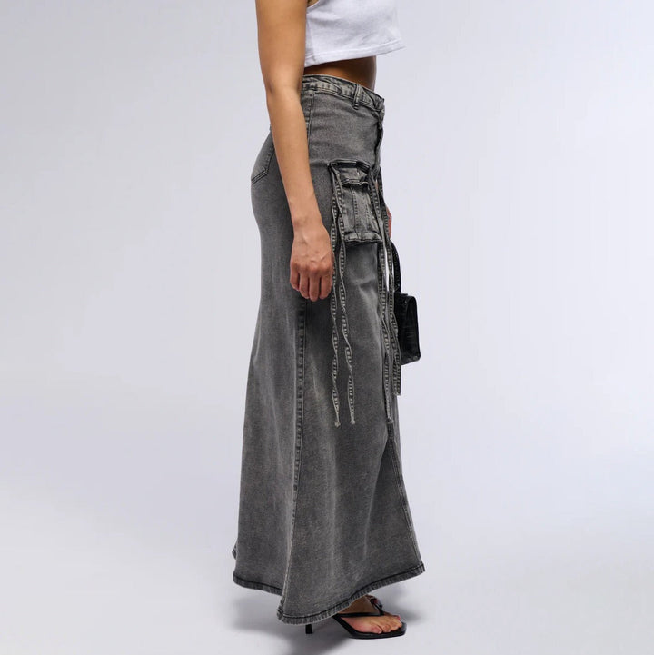 Jupe longue en denim pour femmes avec poches utilitaires style droit - Renata