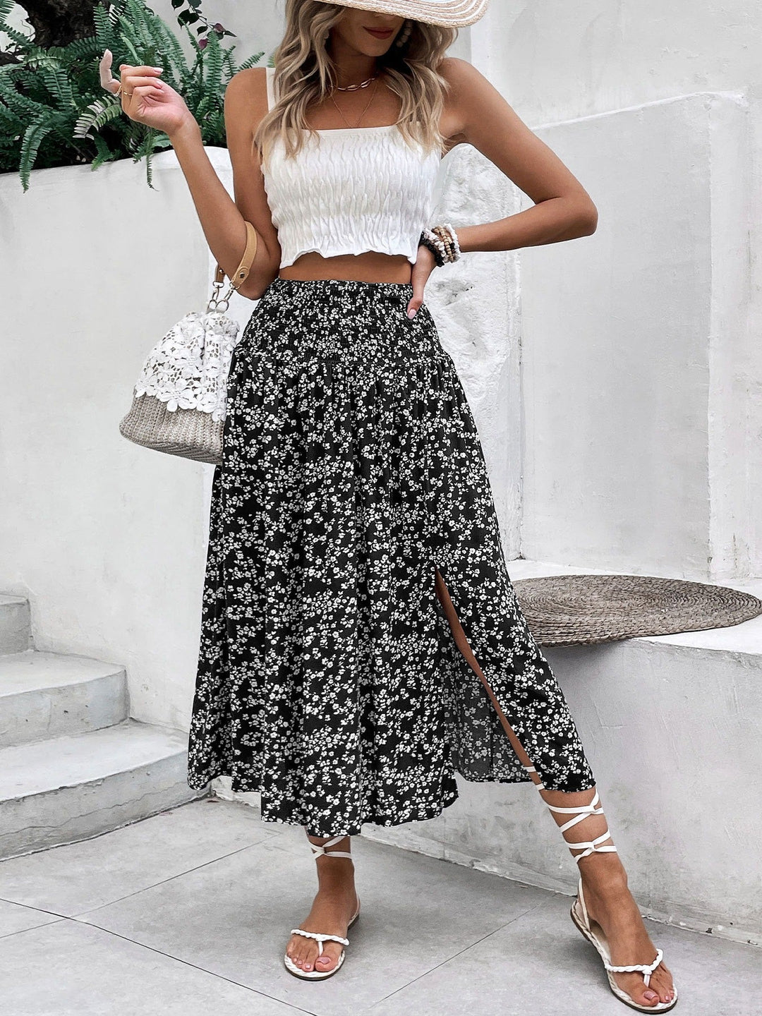 Jupe midi femme imprimé floral fente latérale - Amelia