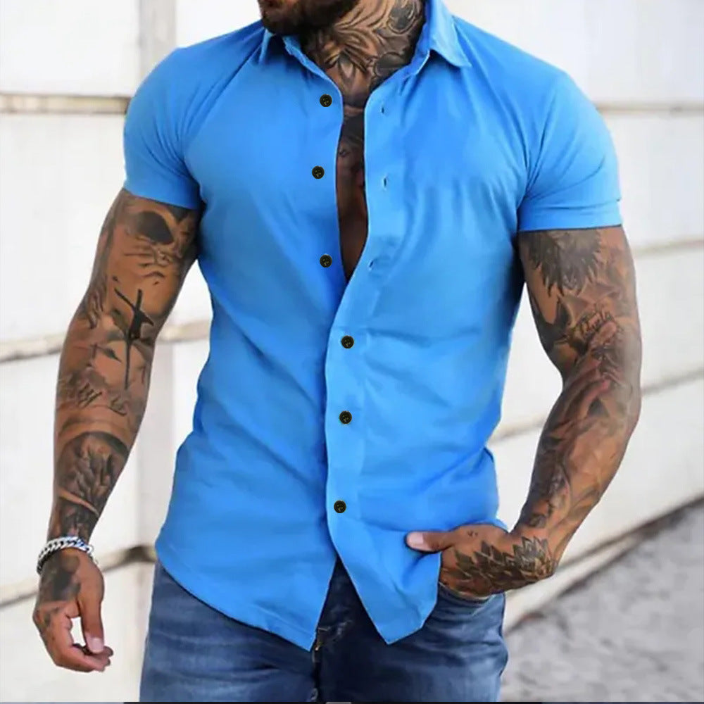 Fyn - Hommes Slim Fit manches courtes uni chemise de fitness