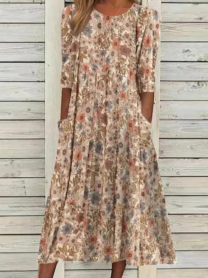 Sarina - Robe bohème avec col rond, robe ample et décontractée avec poches pour femme