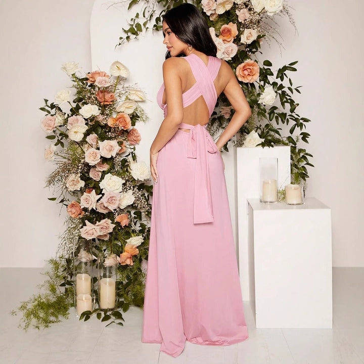 Robe longue pour femme avec encolure croisée élastiquée et fluide - Valeria
