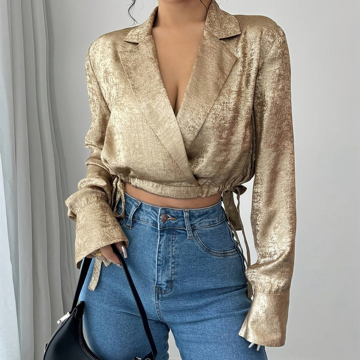 Chemisier en satin brillant à col chemise pour femme - Clara
