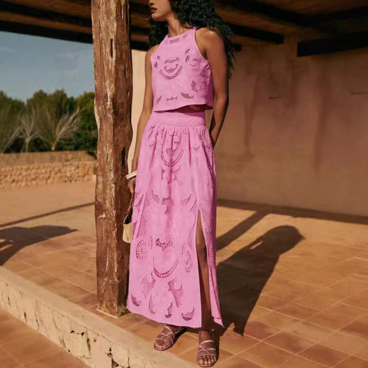 Ensemble deux pièces ajouré brodé pour femmes, style été - Zaria