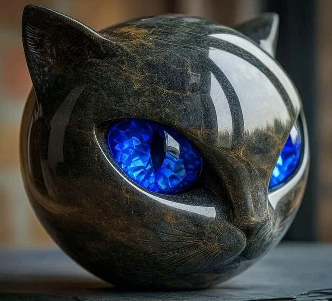 Œil d'Élina – Sculpture Féline Mystique en Marbre Poli