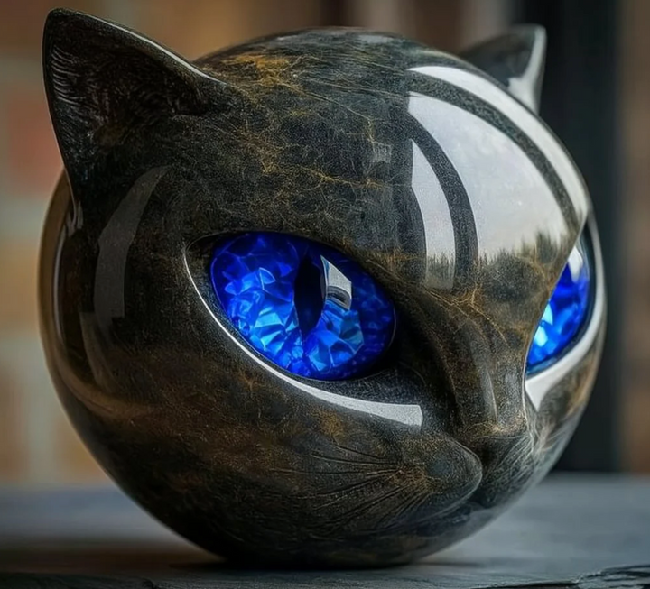 Œil d'Élina – Sculpture Féline Mystique en Marbre Poli