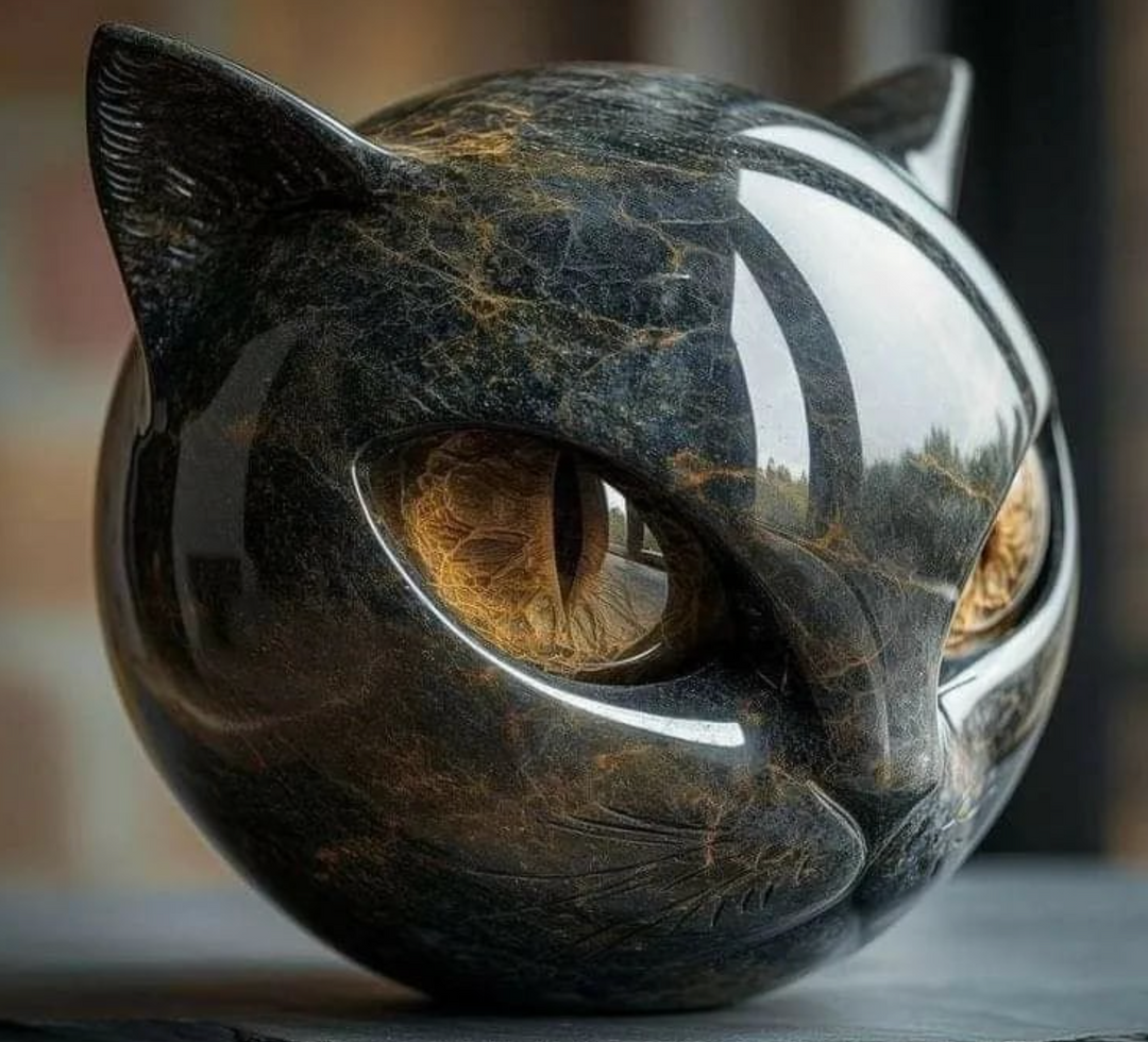 Œil d'Élina – Sculpture Féline Mystique en Marbre Poli