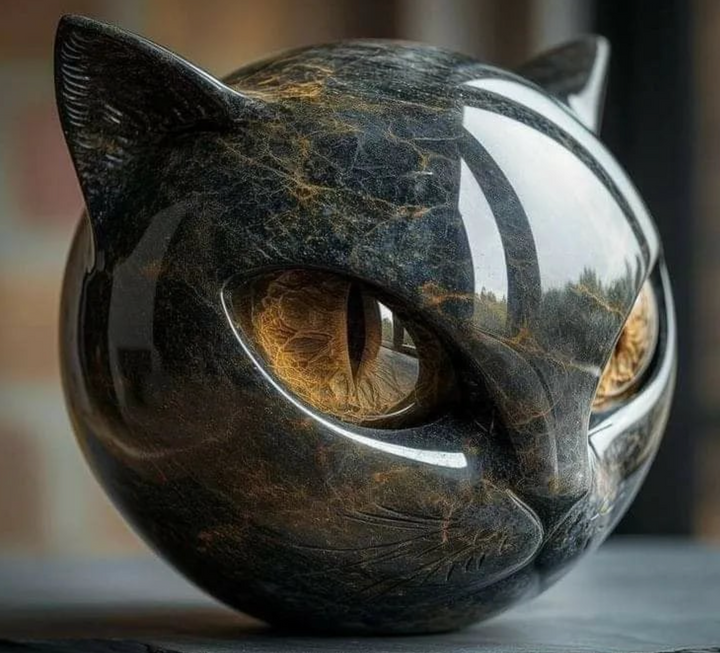 Œil d'Élina – Sculpture Féline Mystique en Marbre Poli