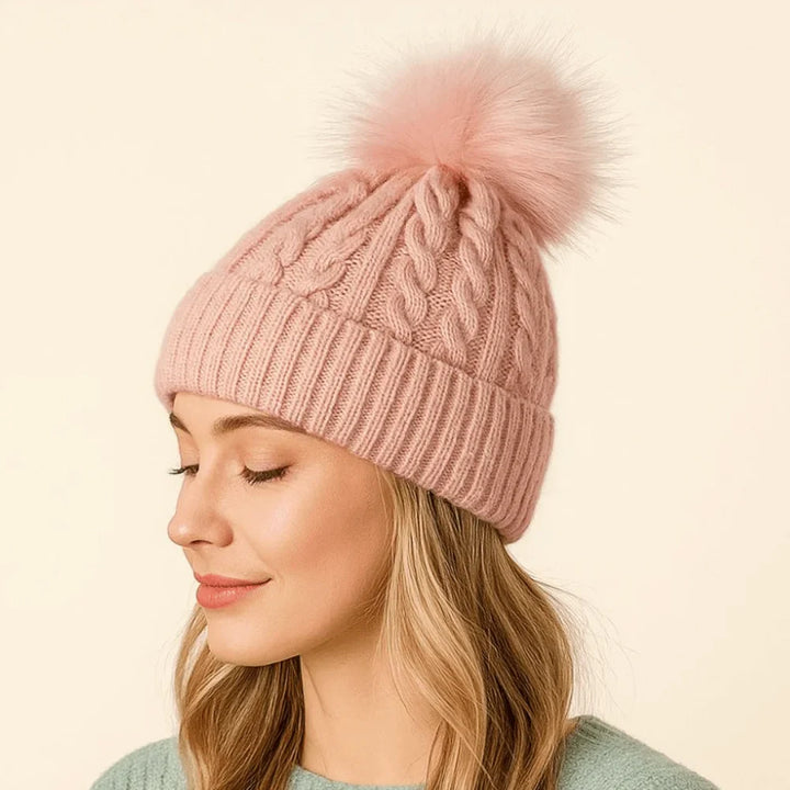 Bonnet tricoté pour femme avec doublure en polaire et pompon - Sauly