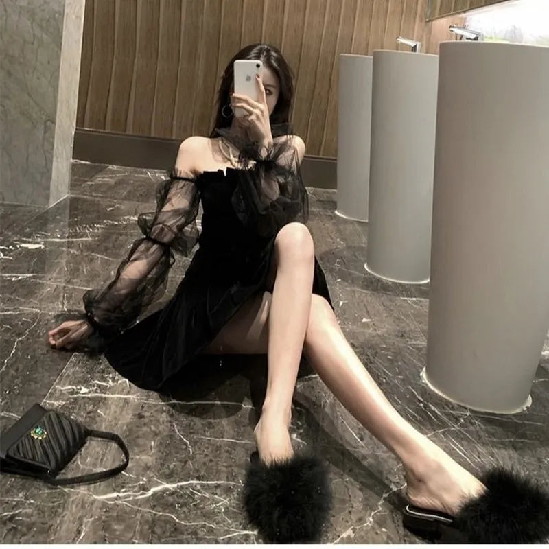 Mirica - Mini robe noire en mousseline de soie pour femmes