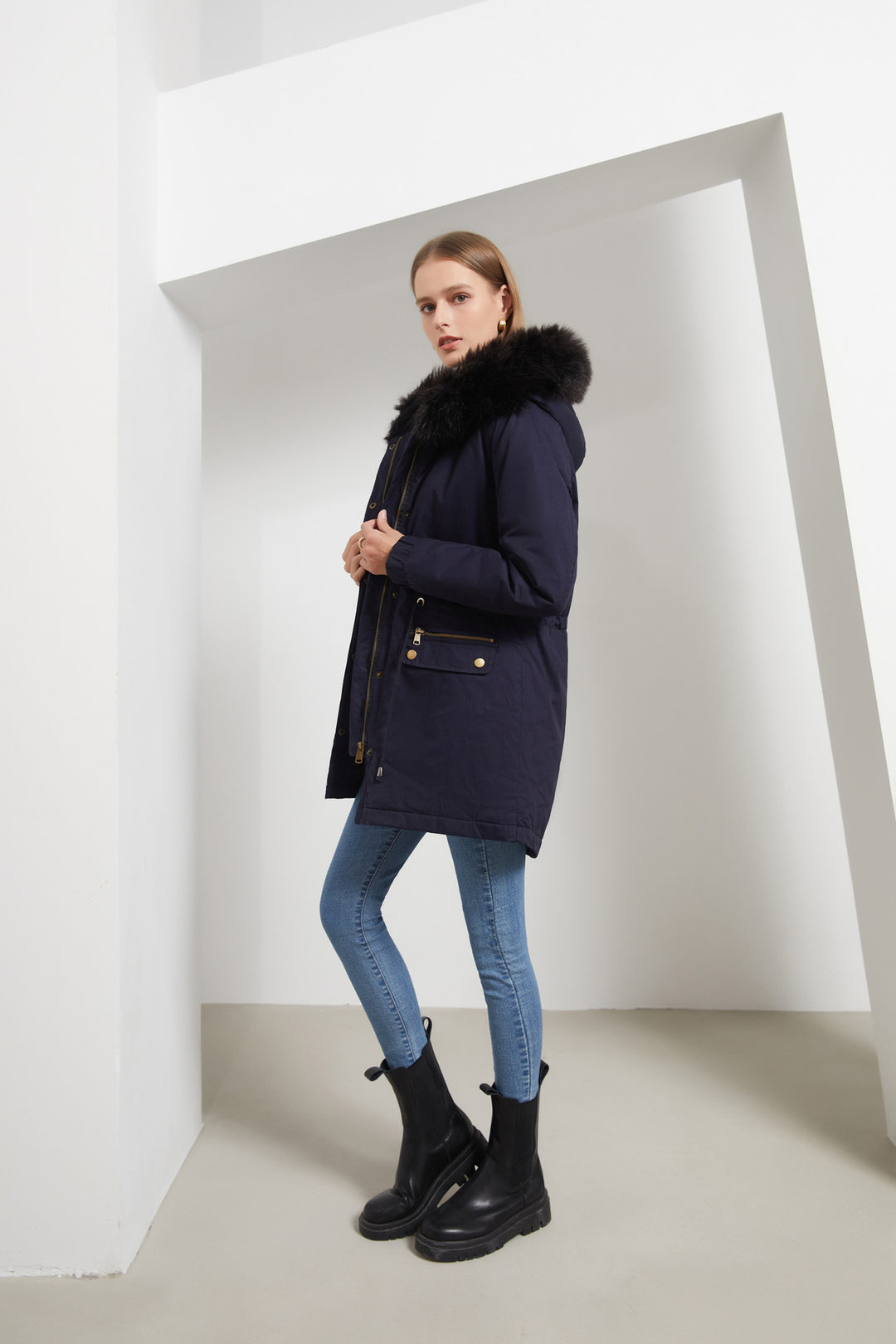 Sara - Manteau Parka Femme Mi-long avec Col en Fourrure Chic