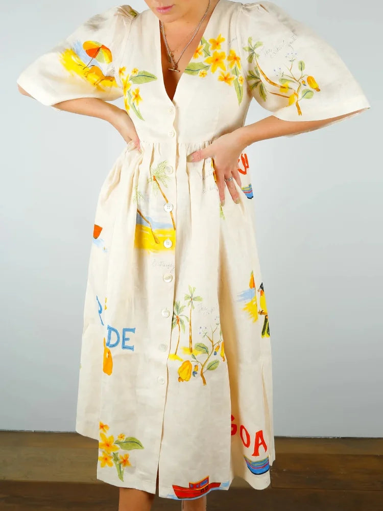 Danica - Robe midi flatteuse en lin imprimé