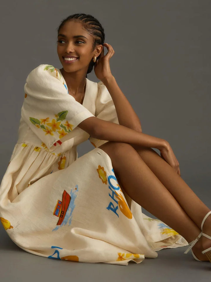 Danica - Robe midi flatteuse en lin imprimé