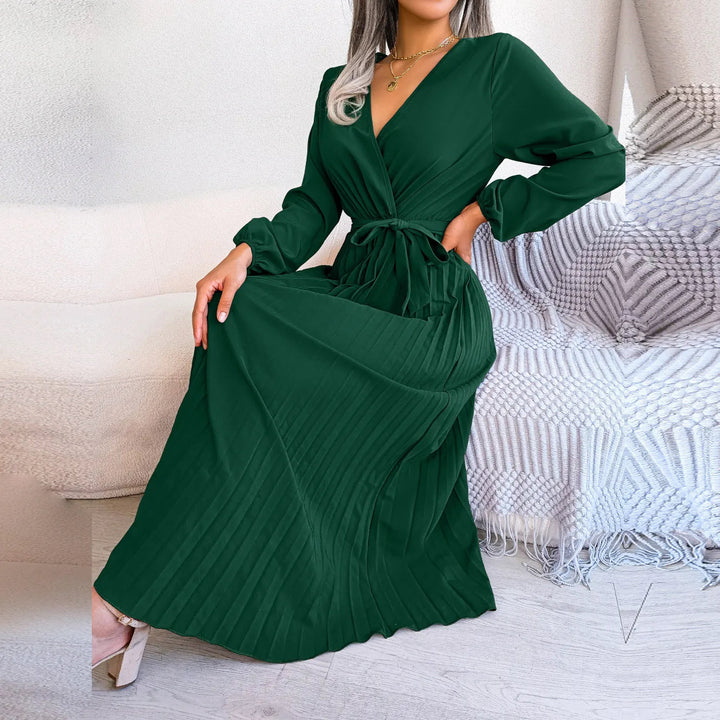 Nadine - Robe longue plissée à col en V pour femme