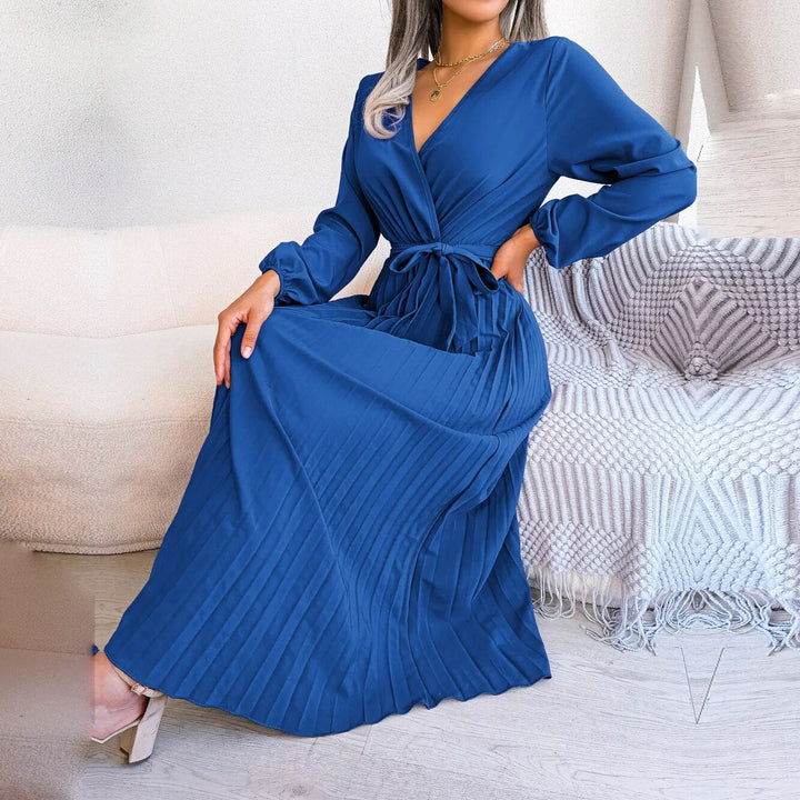 Nadine - Robe longue plissée à col en V pour femme