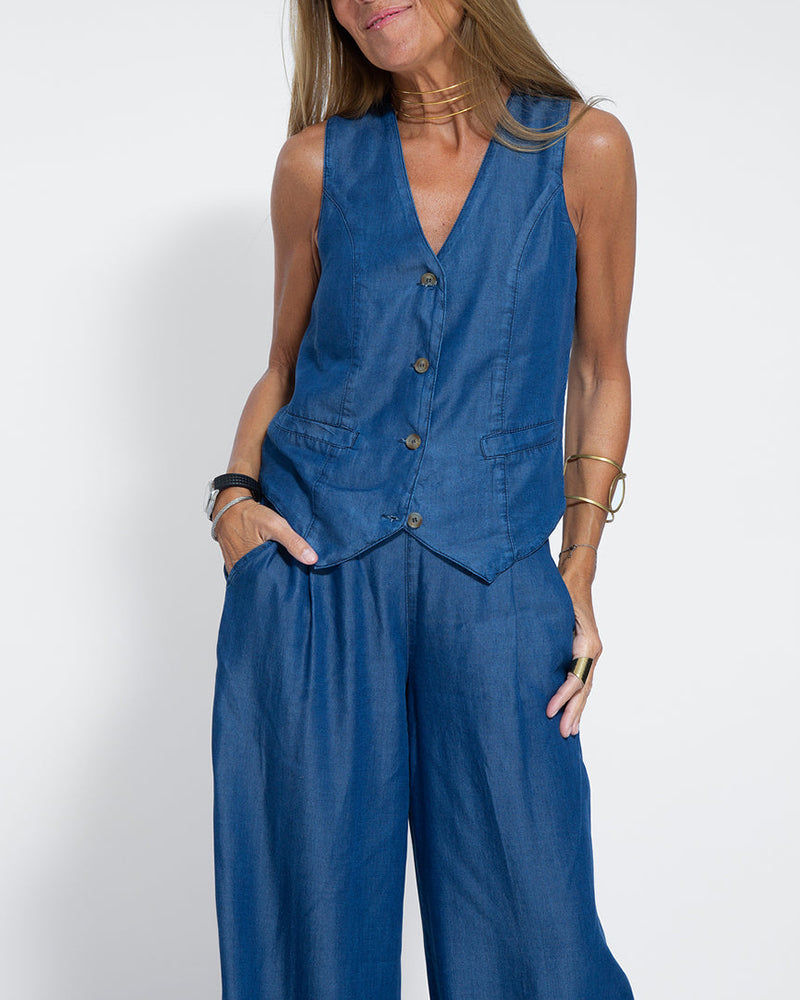 GracefulEase - Simple Elegant Linen Vest and Wide Trousers Set (Ensemble gilet et pantalon large en lin)