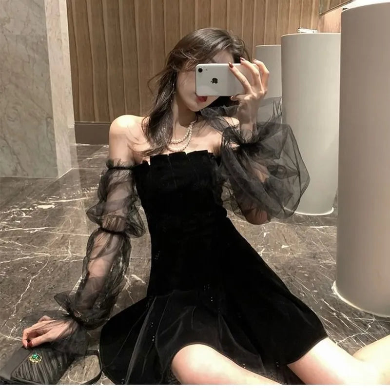Mirica - Mini robe noire en mousseline de soie pour femmes