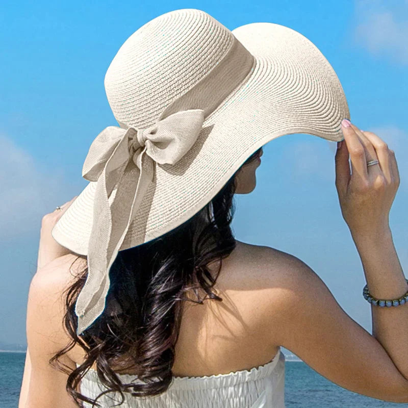 Chapeau de paille d'été femme bowknot