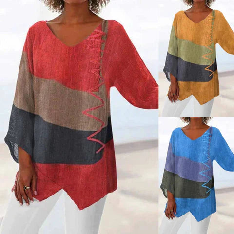 Eladie - T-shirt tricolore stylé pour femme, coupe décontractée