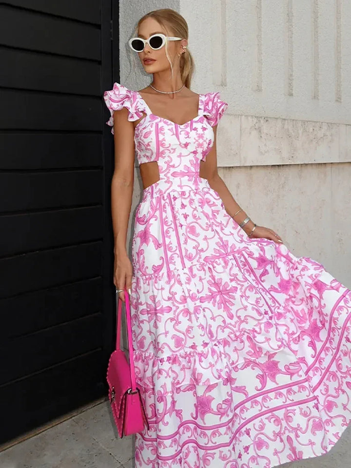 Sally - Longue robe rose à imprimé floral