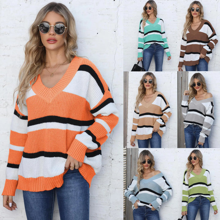 Emma - Pull décontracté à col en V et rayures contrastées