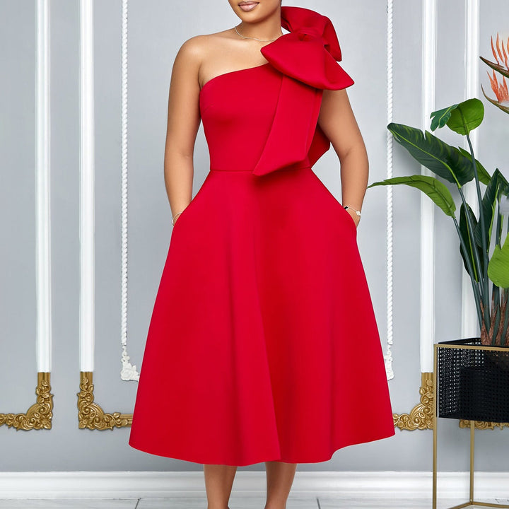 Robe midi pour femme avec nœud élégant sur une épaule - Mireya