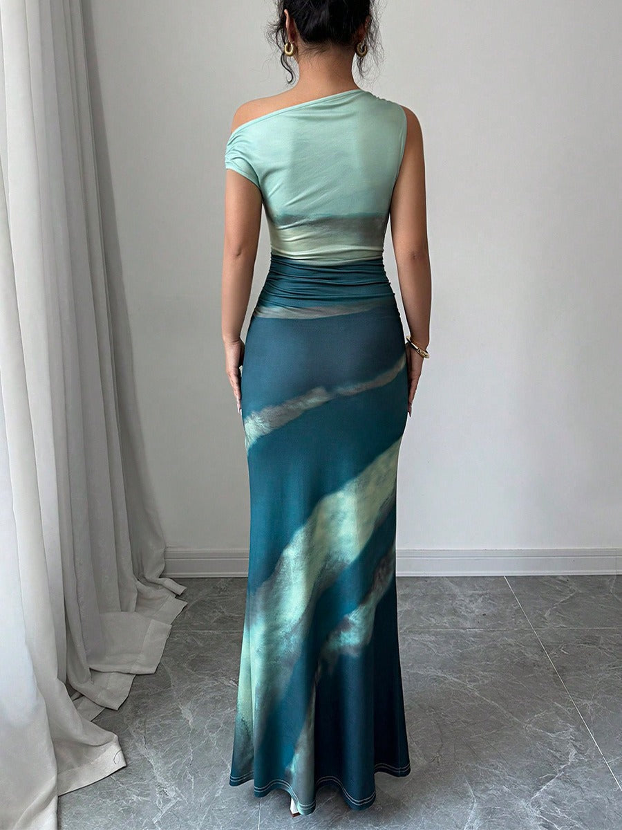 Robe longue pour femme, effet tie-dye, épaule asymétrique - Natalia