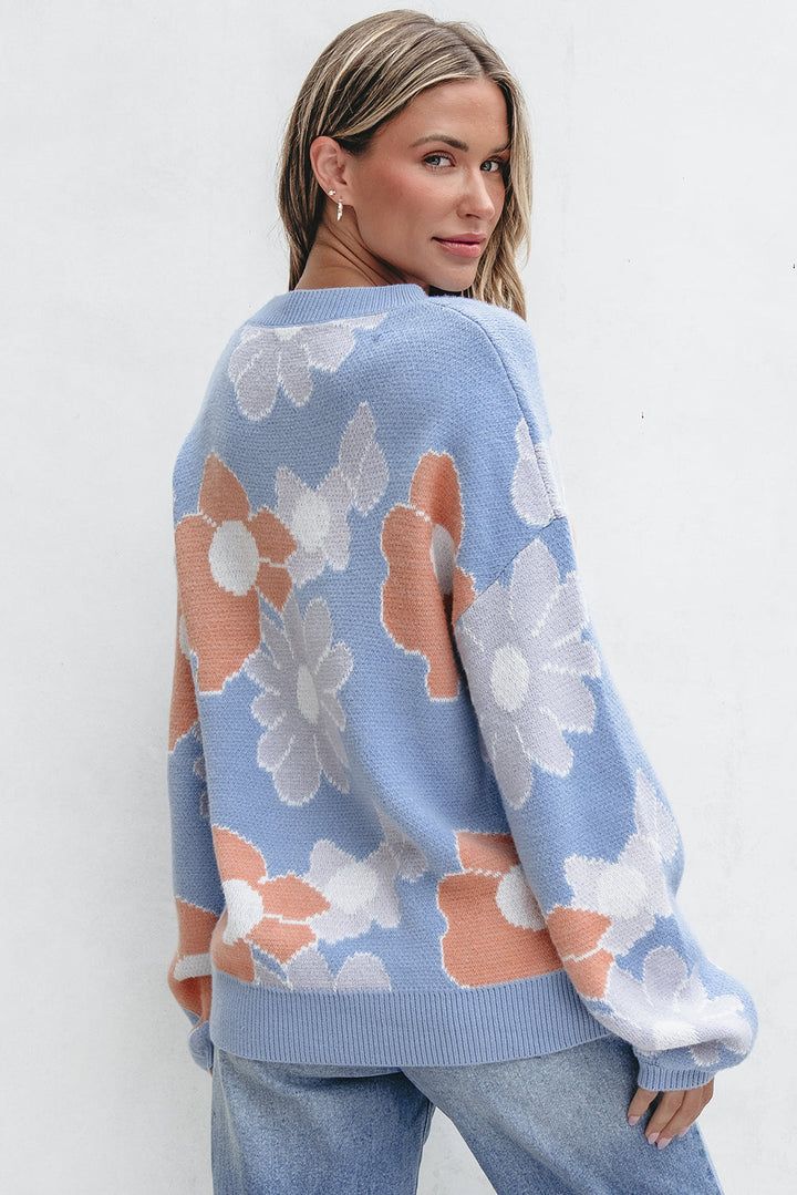 Blanche - Pull Tricoté à Col Rond Floral Bleu avec Épaules Tombantes