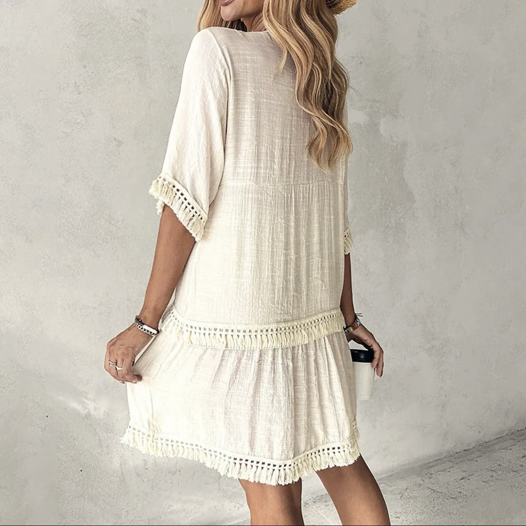Robe femme bohème brodée de pompons ivoire blanc - Isadora