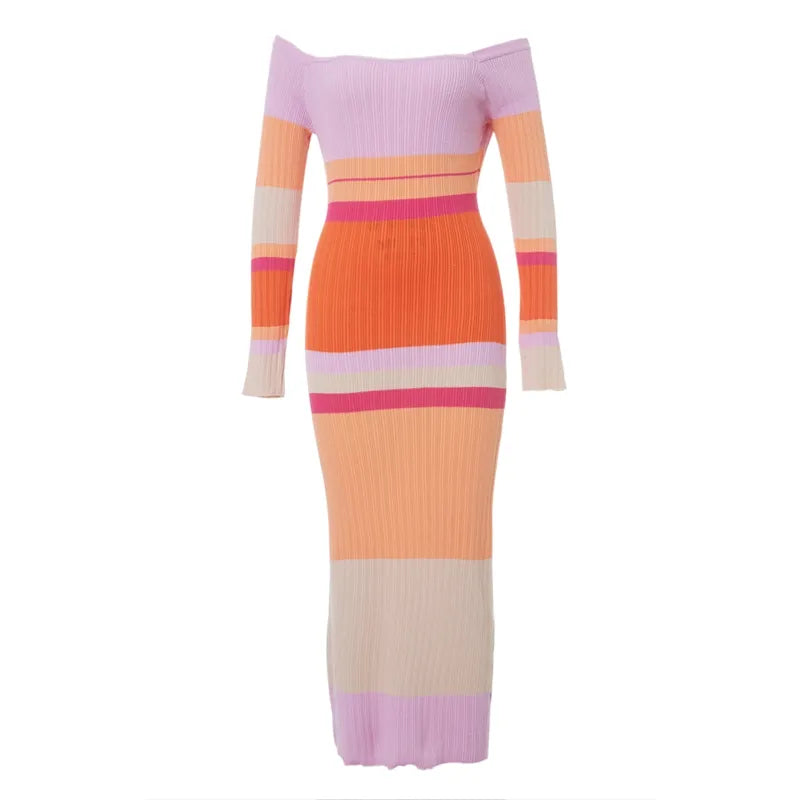 Darcy - Robe Maxi Multicolore en Tricot Crochet à Manches Longues Rayée