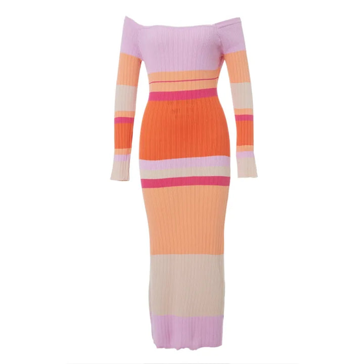 Darcy - Robe Maxi Multicolore en Tricot Crochet à Manches Longues Rayée