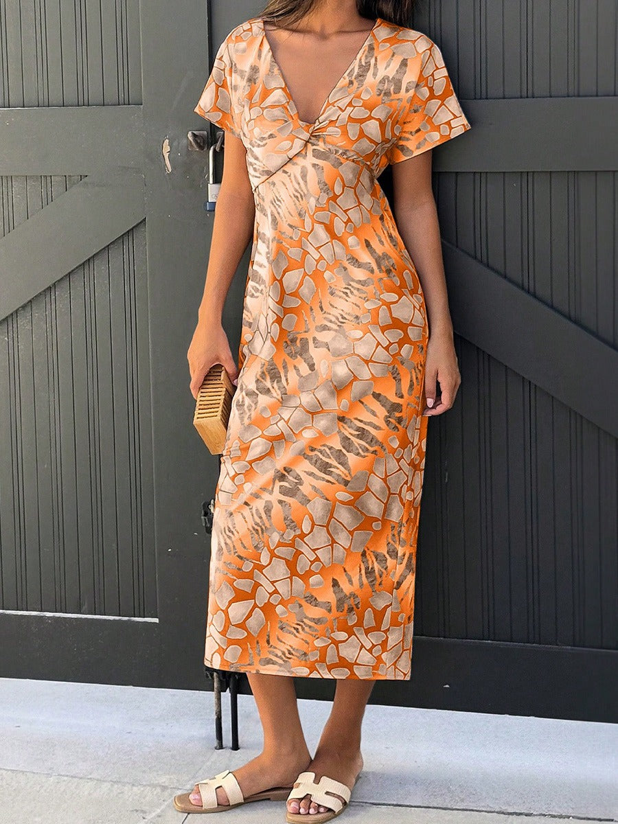 Robe midi pour femmes, imprimé abstrait, décolleté en V - Renata