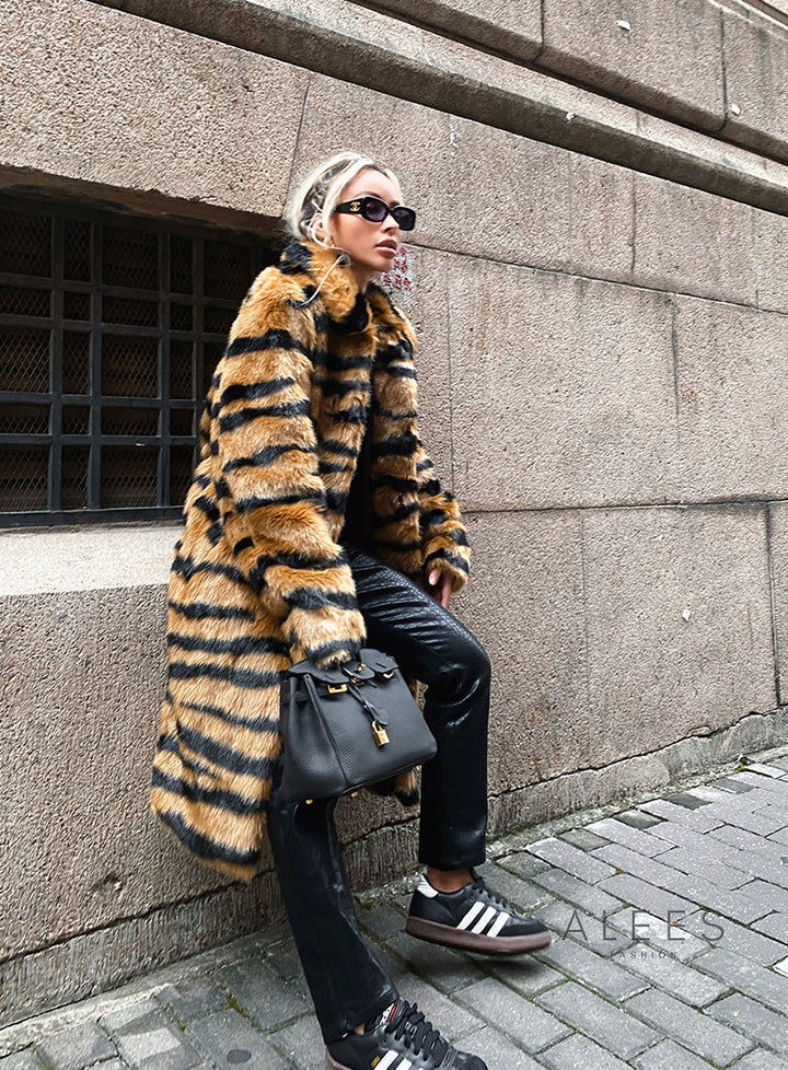 Manteau long à effet de fausse fourrure et imprimé animalier pour femme - Brisa