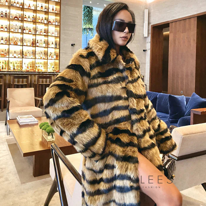 Manteau long à effet de fausse fourrure et imprimé animalier pour femme - Brisa