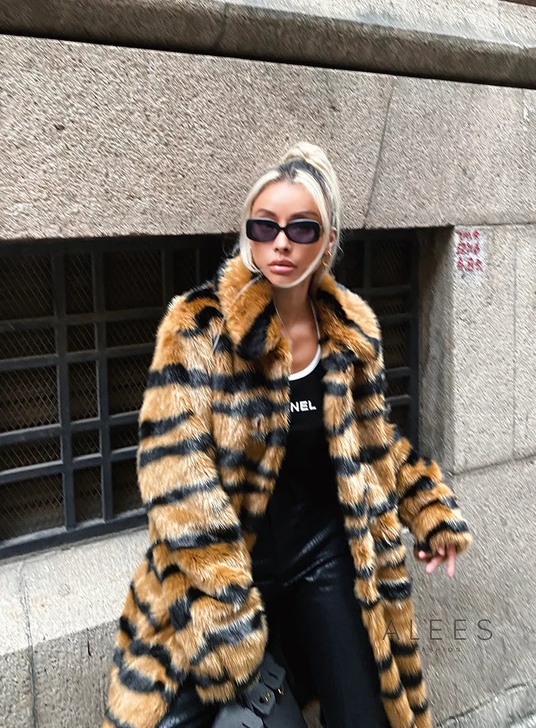Manteau long à effet de fausse fourrure et imprimé animalier pour femme - Brisa