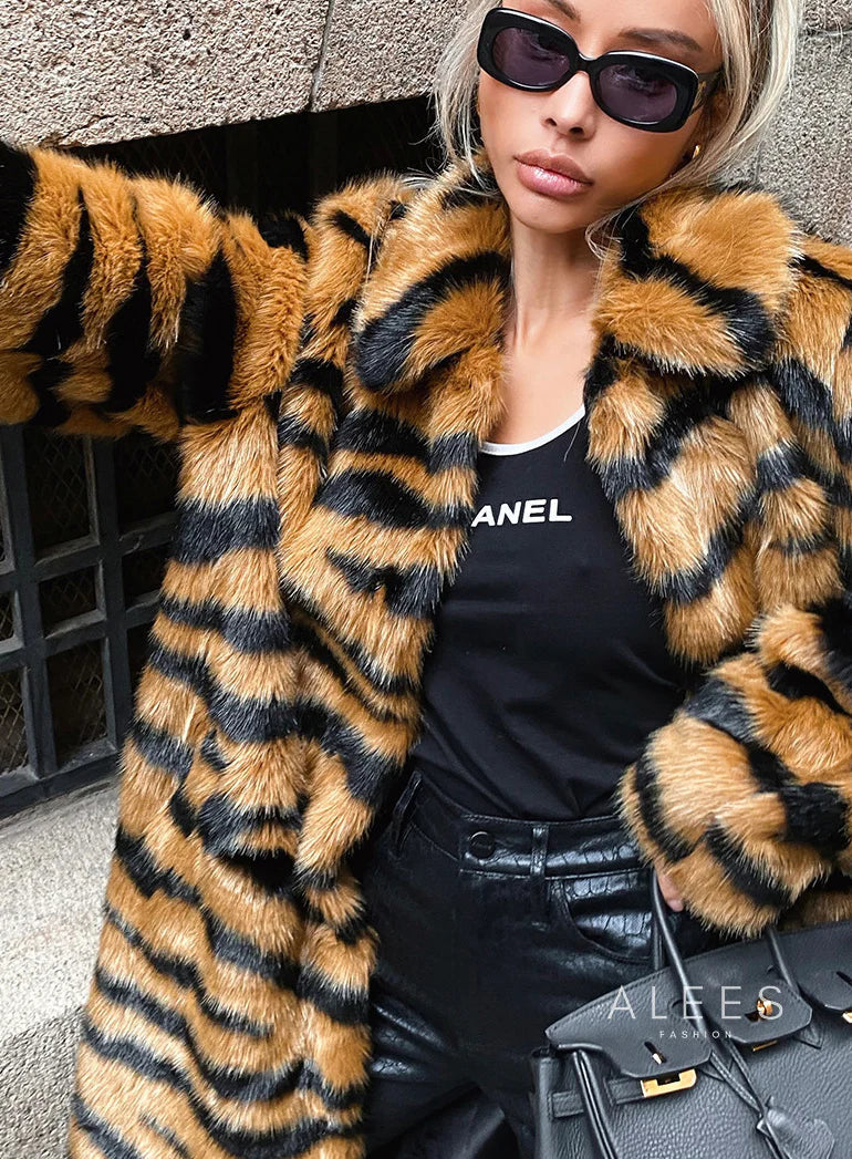 Manteau long à effet de fausse fourrure et imprimé animalier pour femme - Brisa