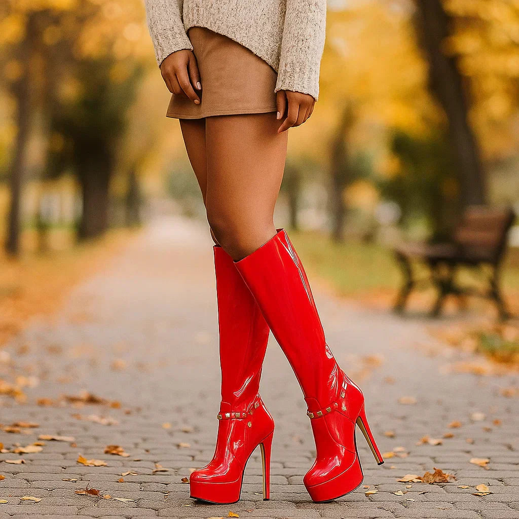 Bottes hautes pour femmes en cuir verni à talon aiguille - Marcela