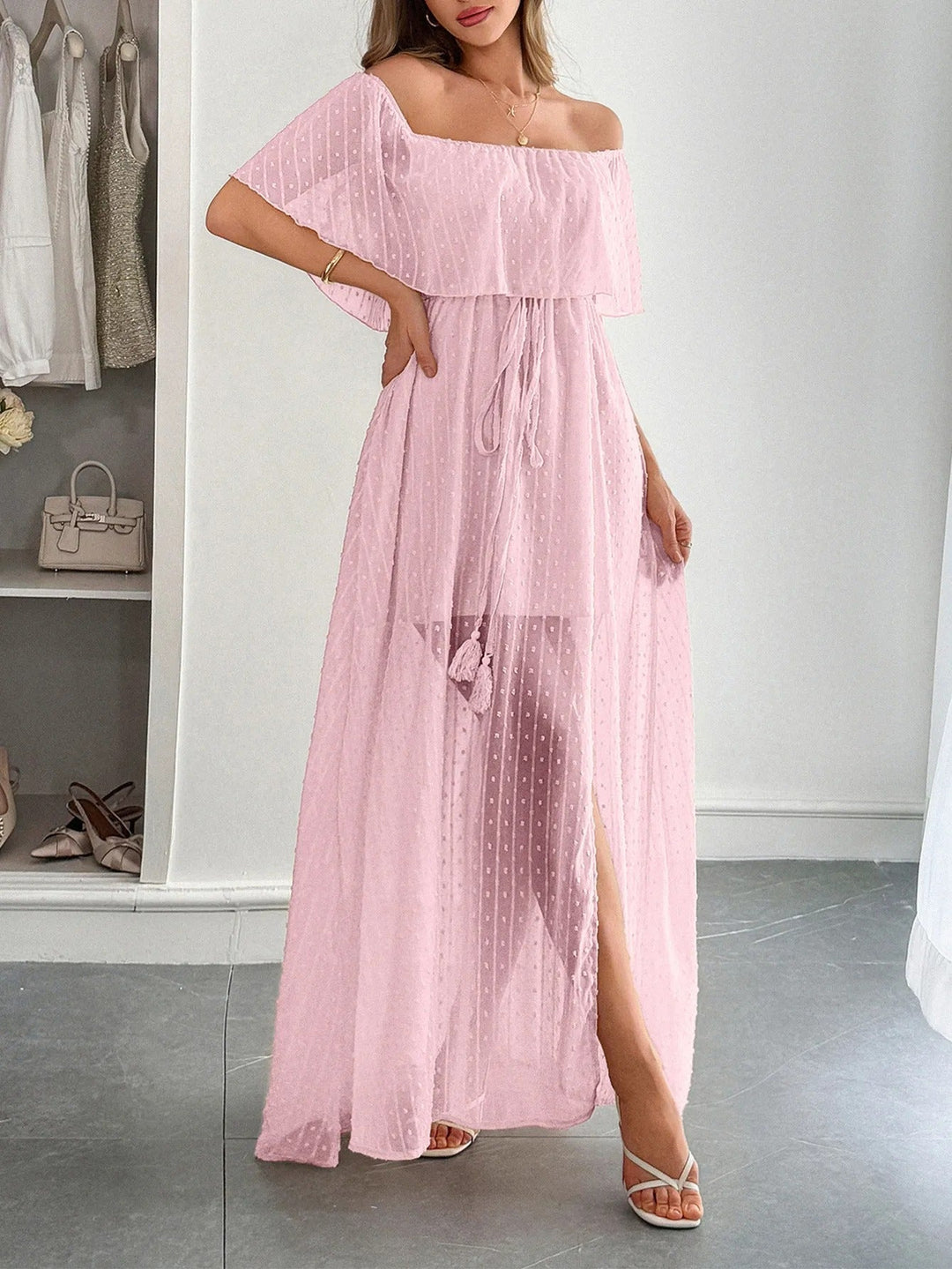 Robe longue femme plumeti mousseline de soie encolure bardot - Julieta